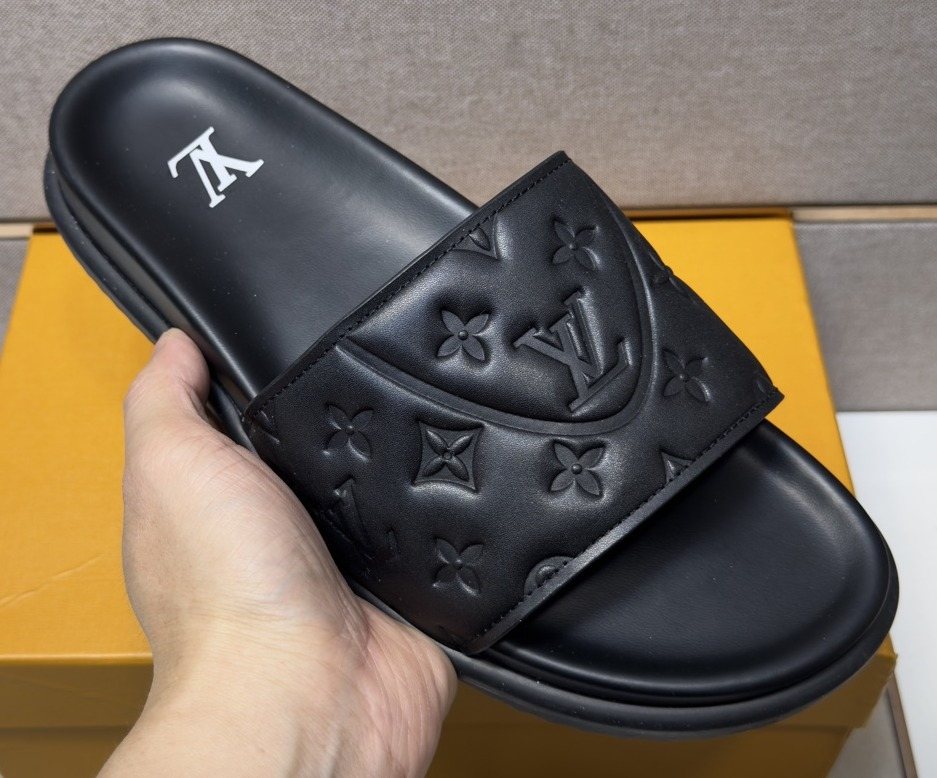 Louis Vuitton Men's Embossed Strap Slide Sandals - Textured Tread Outsole